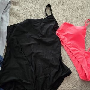 Black One-Shoulder Swimsuit with Neon Pink Bikini Top